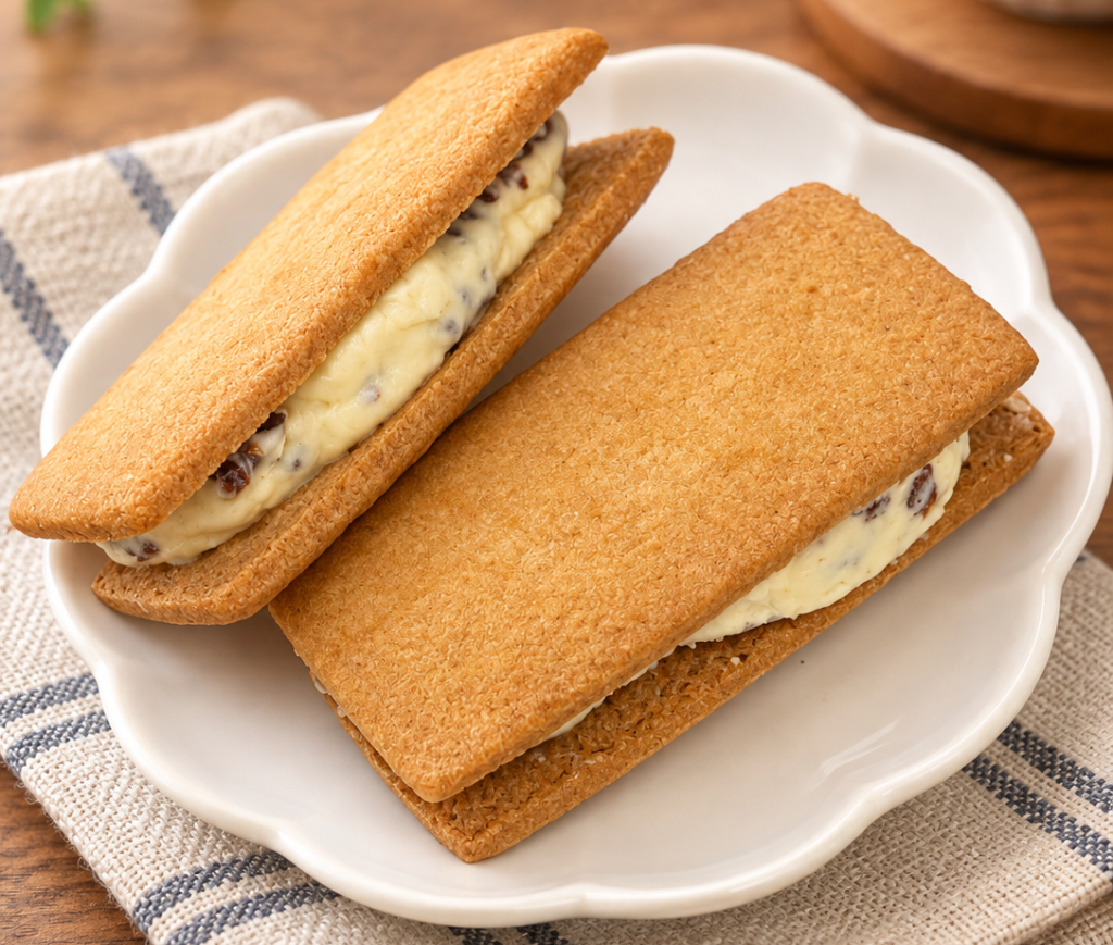 マルセイバターサンドのラムレーズン入りクリームとクッキー